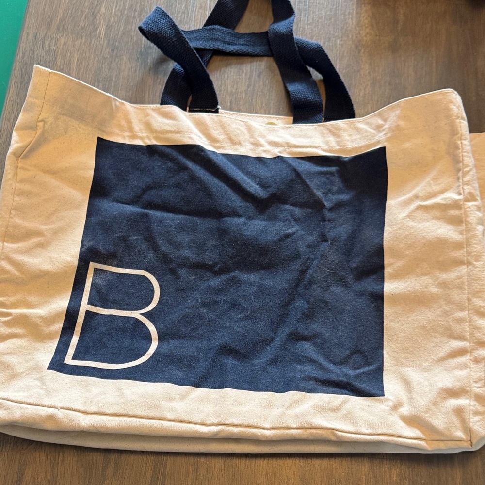 Beautycounter Canvas Tote Bag with Navy Graphic and 'B' Accent
